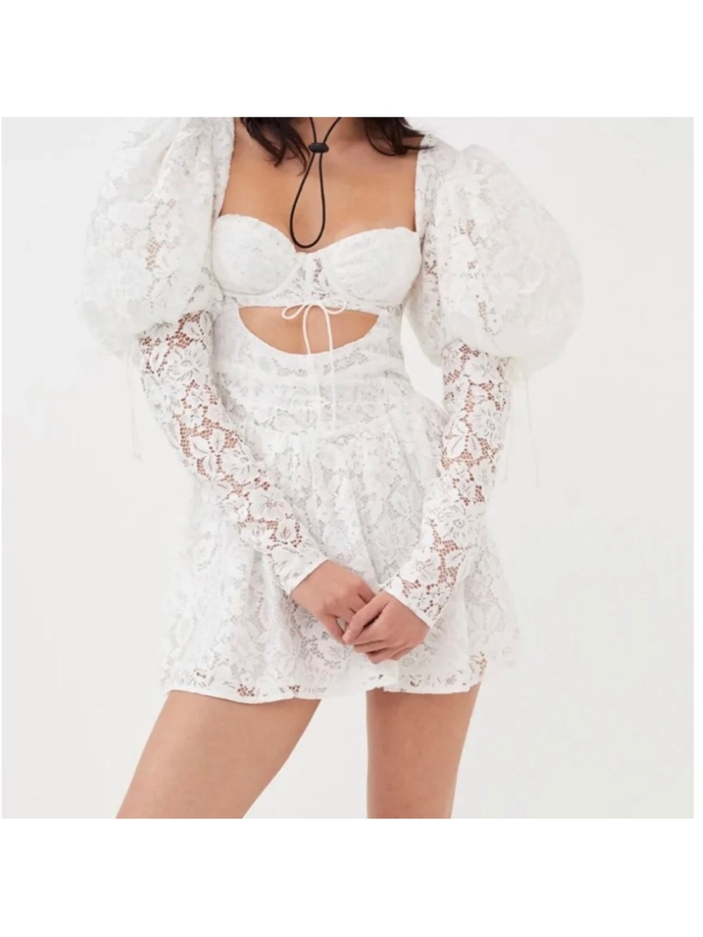 For Love & Lemons White Lace Puff-Sleeve Mini Dress